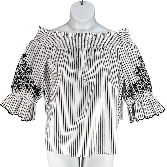 Chicos NWT Womens 3X Smocked Off Shoulder Poplin Tunic Top Embroidery 3/4 Sleeve - Picture 4 of 11